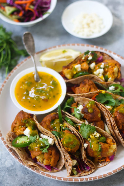 Spicy Baked Chickpea Cauliflower fritters TACO with Mango Salsa and Slaw(Vegan)