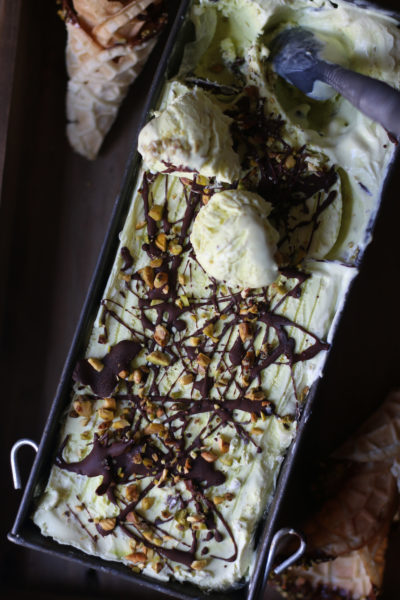 Pistachio-Coconut Cardamom Icecream with Chocolate