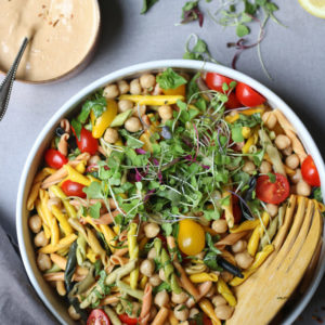 Chickpea-Cherry Tomatoes-Basil Pasta Salad with Peanut Curry Dressing