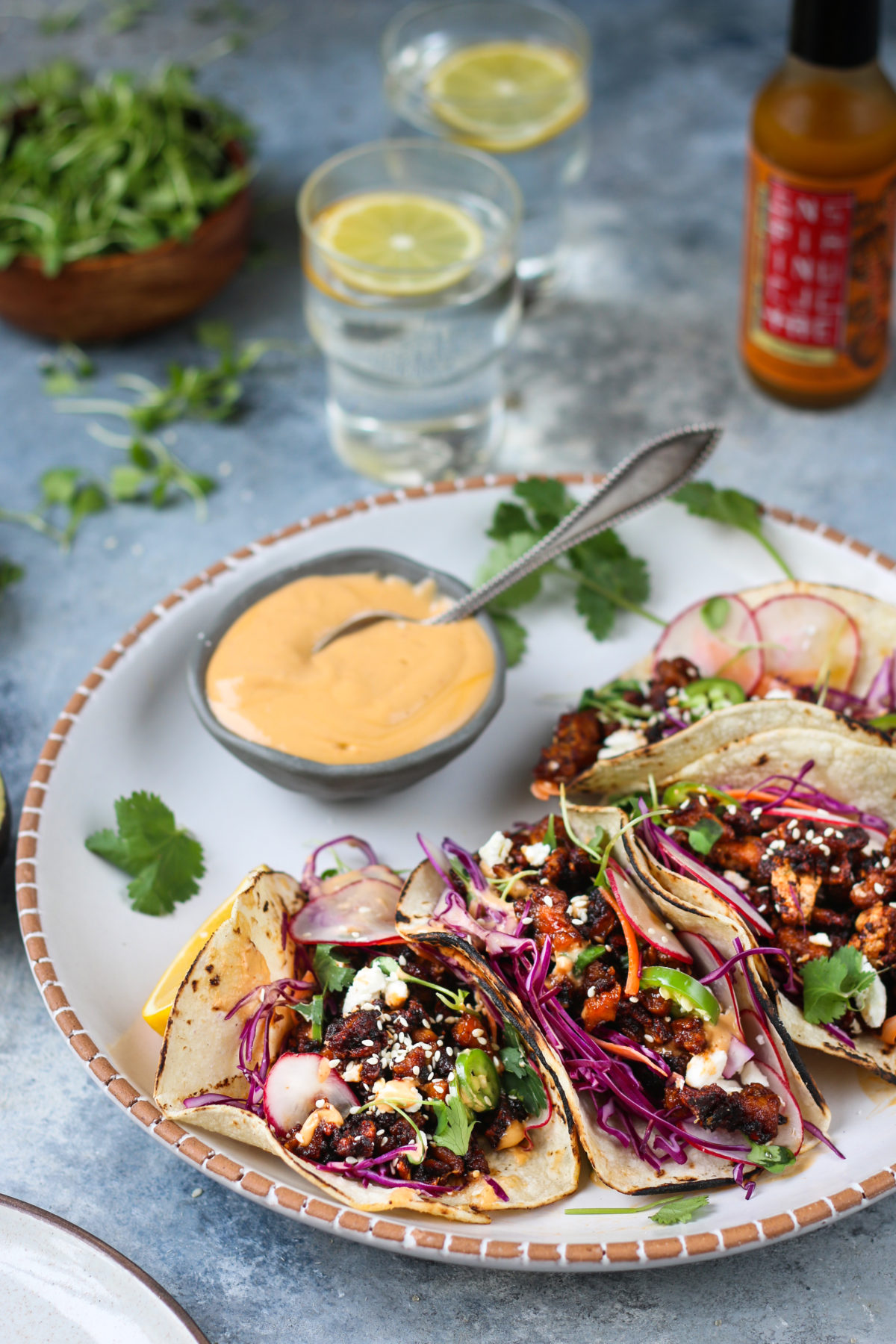 Crispy Thai tofu Tacos with Avocado Cream Sauce. Delicious and Healthy.
