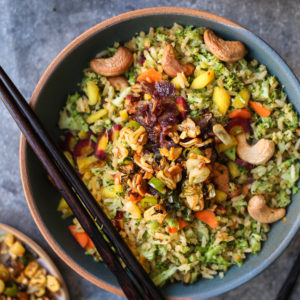 Broccoli Fried Rice topped with crispy garlic and onion