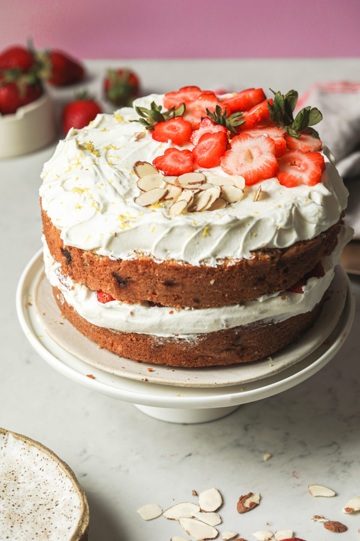 Easy Strawberry Almond Cake with Whipped Cream Frosting